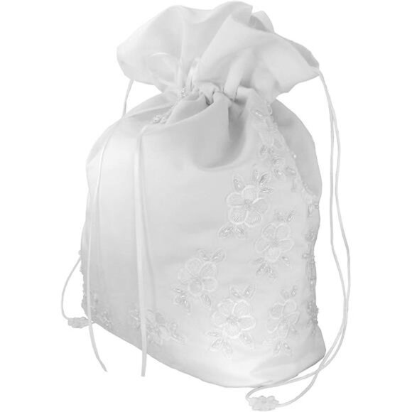 White Satin Bridal Money Bag Pearl Lace Wedding Card Envelope Purse Large - Picture 1 of 5